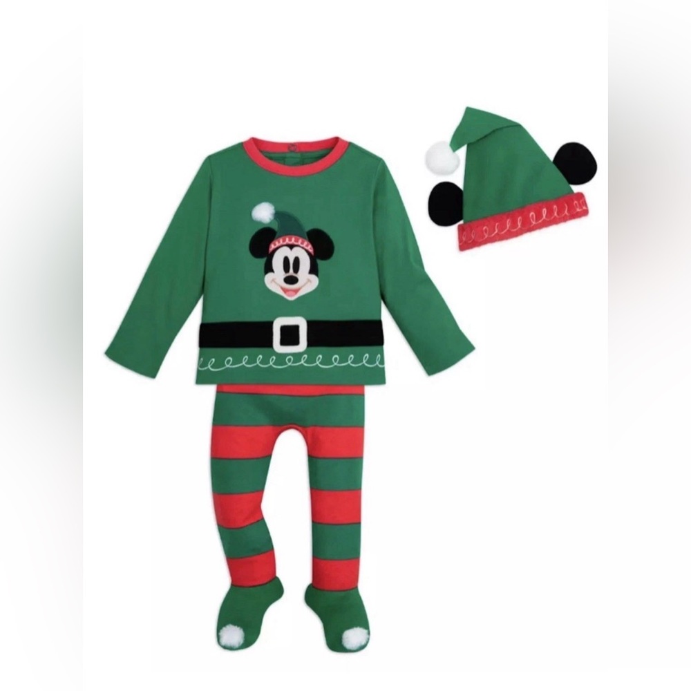 Walt Disney parks Green and Red Mickey Mouse Pajama Set with Hat Christmas 9-12